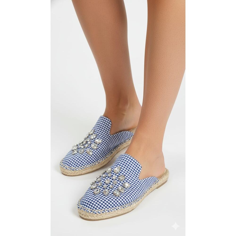Patricia Green Gingham Glam Jewel Crystal Slip-On Mule Espadrilles in Blue - Picture 2 of 6